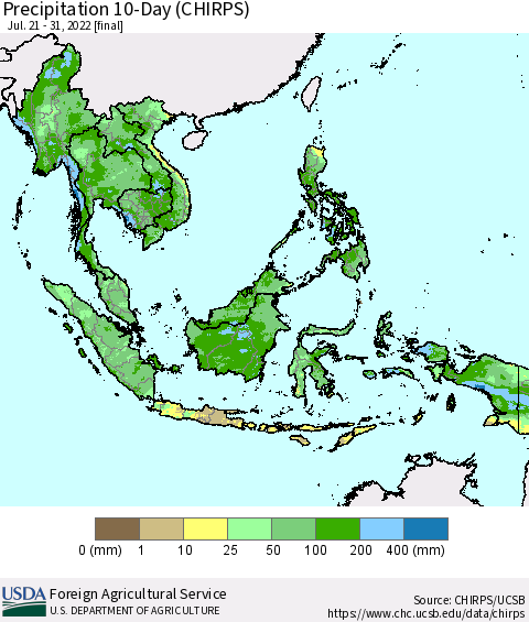 South East Asia Precipitation 10-Day (CHIRPS) Thematic Map For 7/21/2022 - 7/31/2022