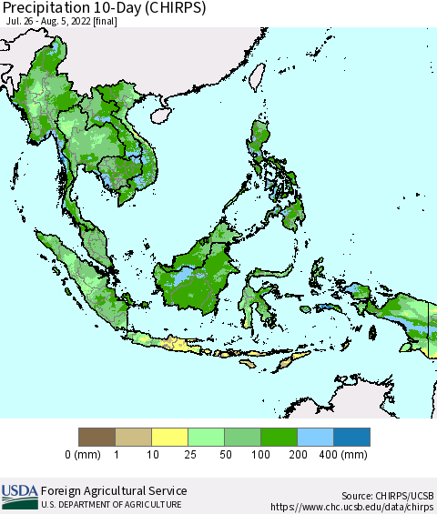 South East Asia Precipitation 10-Day (CHIRPS) Thematic Map For 7/26/2022 - 8/5/2022