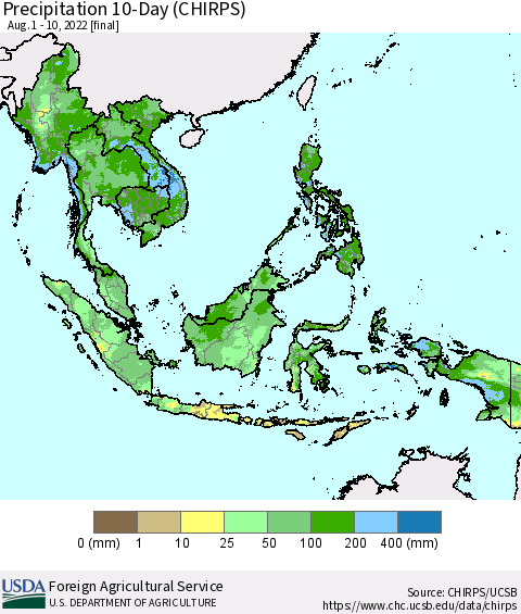 South East Asia Precipitation 10-Day (CHIRPS) Thematic Map For 8/1/2022 - 8/10/2022