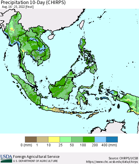South East Asia Precipitation 10-Day (CHIRPS) Thematic Map For 8/16/2022 - 8/25/2022