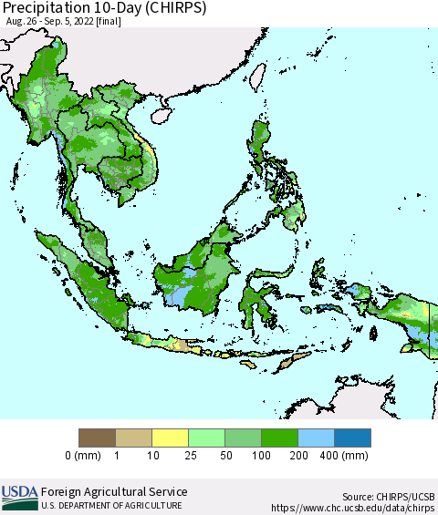 South East Asia Precipitation 10-Day (CHIRPS) Thematic Map For 8/26/2022 - 9/5/2022