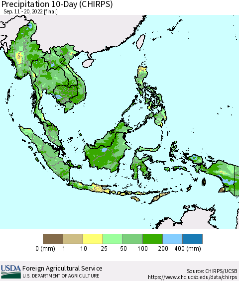 South East Asia Precipitation 10-Day (CHIRPS) Thematic Map For 9/11/2022 - 9/20/2022