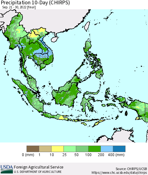 South East Asia Precipitation 10-Day (CHIRPS) Thematic Map For 9/21/2022 - 9/30/2022