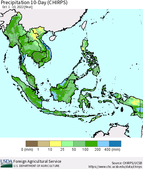 South East Asia Precipitation 10-Day (CHIRPS) Thematic Map For 10/1/2022 - 10/10/2022