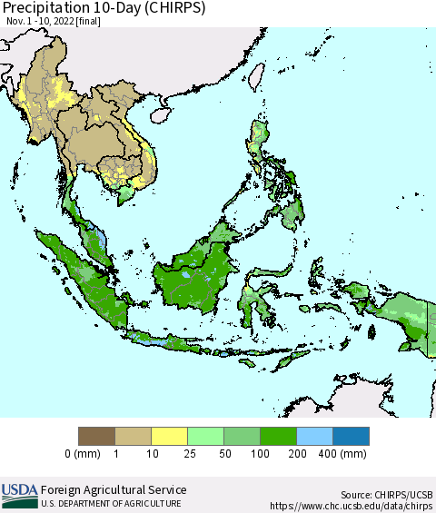 South East Asia Precipitation 10-Day (CHIRPS) Thematic Map For 11/1/2022 - 11/10/2022