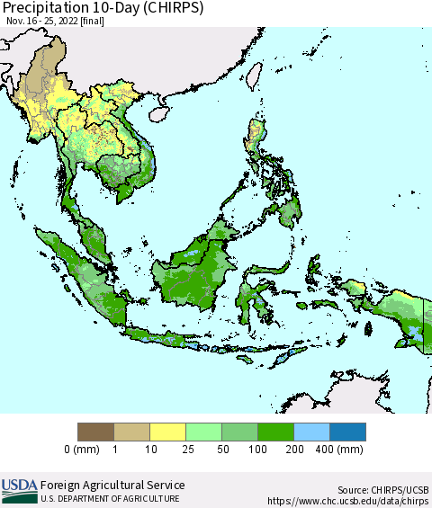 South East Asia Precipitation 10-Day (CHIRPS) Thematic Map For 11/16/2022 - 11/25/2022