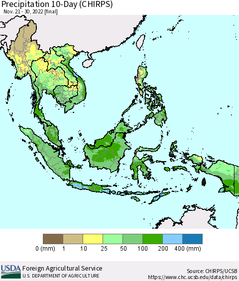 South East Asia Precipitation 10-Day (CHIRPS) Thematic Map For 11/21/2022 - 11/30/2022
