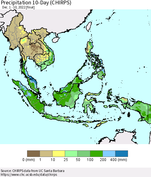 South East Asia Precipitation 10-Day (CHIRPS) Thematic Map For 12/1/2022 - 12/10/2022