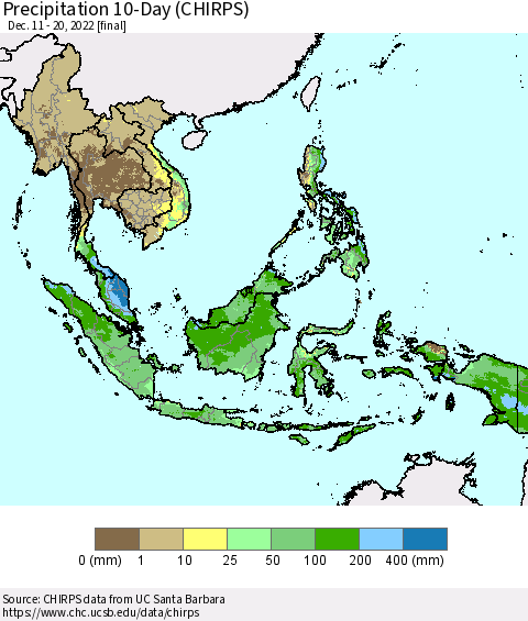 South East Asia Precipitation 10-Day (CHIRPS) Thematic Map For 12/11/2022 - 12/20/2022