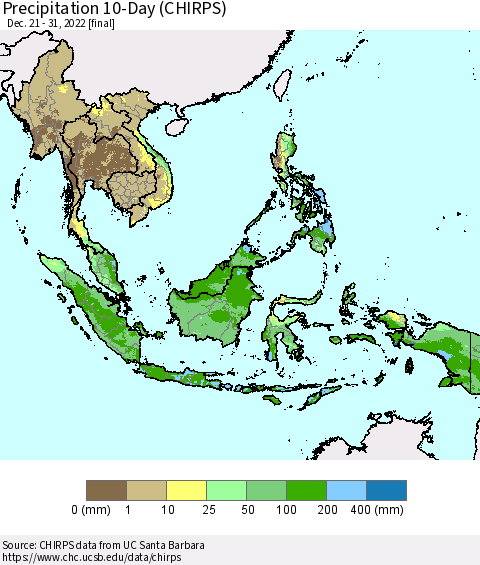 South East Asia Precipitation 10-Day (CHIRPS) Thematic Map For 12/21/2022 - 12/31/2022