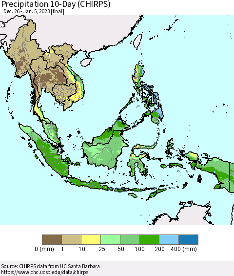 South East Asia Precipitation 10-Day (CHIRPS) Thematic Map For 12/26/2022 - 1/5/2023