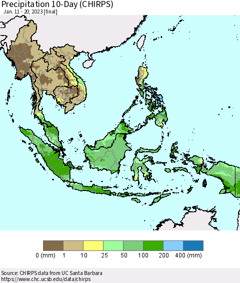 South East Asia Precipitation 10-Day (CHIRPS) Thematic Map For 1/11/2023 - 1/20/2023
