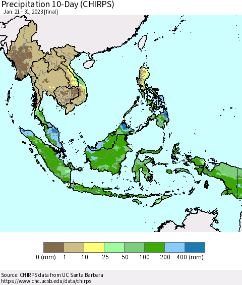 South East Asia Precipitation 10-Day (CHIRPS) Thematic Map For 1/21/2023 - 1/31/2023