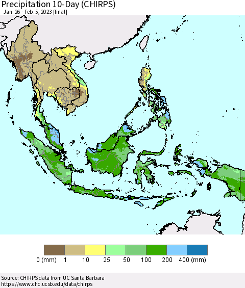 South East Asia Precipitation 10-Day (CHIRPS) Thematic Map For 1/26/2023 - 2/5/2023