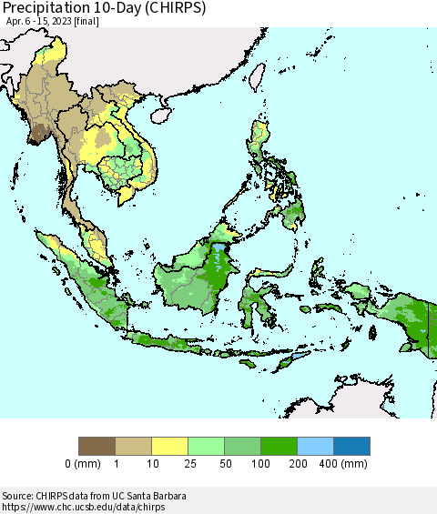 South East Asia Precipitation 10-Day (CHIRPS) Thematic Map For 4/6/2023 - 4/15/2023