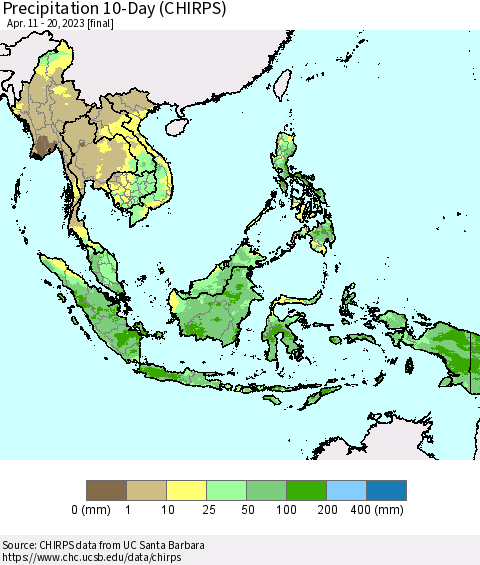 South East Asia Precipitation 10-Day (CHIRPS) Thematic Map For 4/11/2023 - 4/20/2023