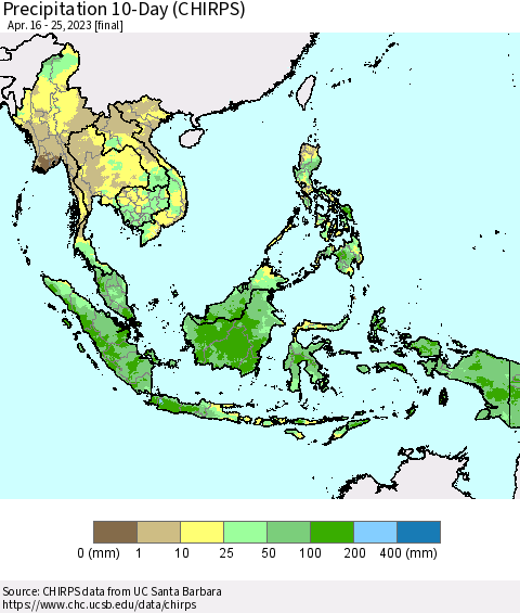 South East Asia Precipitation 10-Day (CHIRPS) Thematic Map For 4/16/2023 - 4/25/2023