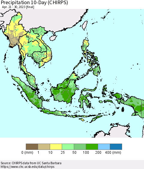 South East Asia Precipitation 10-Day (CHIRPS) Thematic Map For 4/21/2023 - 4/30/2023