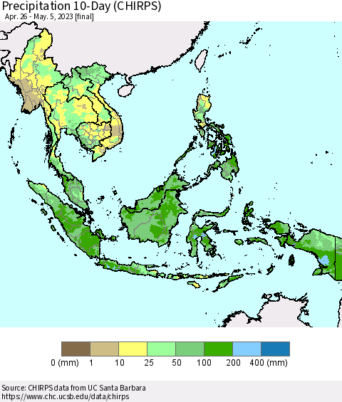 South East Asia Precipitation 10-Day (CHIRPS) Thematic Map For 4/26/2023 - 5/5/2023
