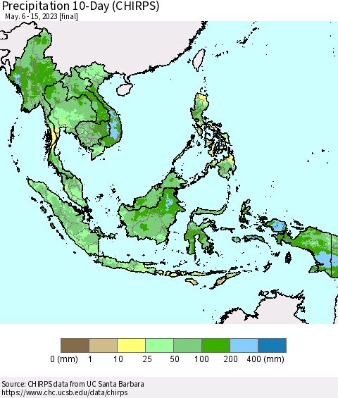 South East Asia Precipitation 10-Day (CHIRPS) Thematic Map For 5/6/2023 - 5/15/2023