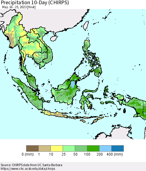 South East Asia Precipitation 10-Day (CHIRPS) Thematic Map For 5/16/2023 - 5/25/2023