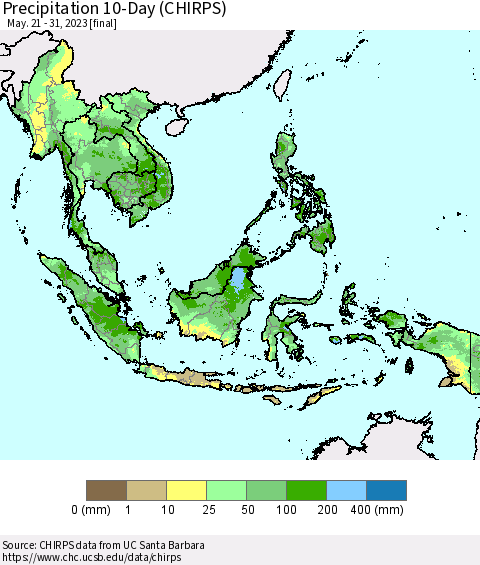South East Asia Precipitation 10-Day (CHIRPS) Thematic Map For 5/21/2023 - 5/31/2023