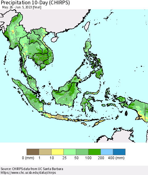 South East Asia Precipitation 10-Day (CHIRPS) Thematic Map For 5/26/2023 - 6/5/2023
