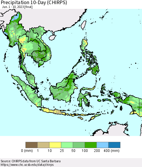 South East Asia Precipitation 10-Day (CHIRPS) Thematic Map For 6/1/2023 - 6/10/2023