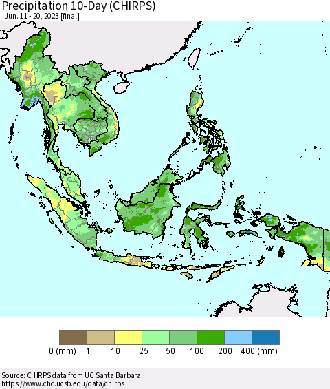 South East Asia Precipitation 10-Day (CHIRPS) Thematic Map For 6/11/2023 - 6/20/2023
