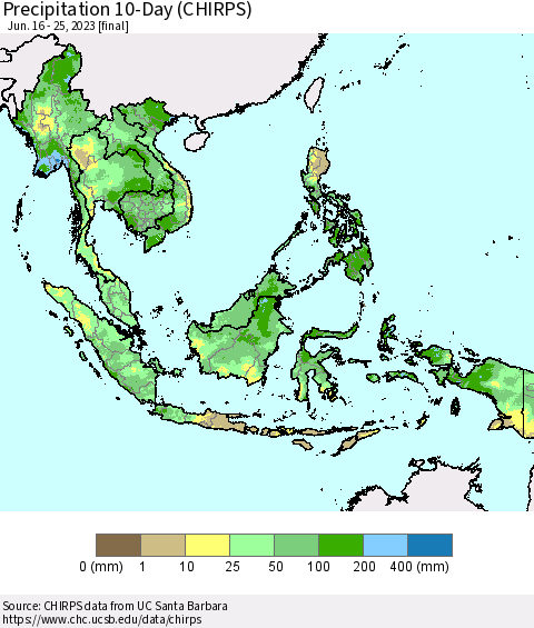 South East Asia Precipitation 10-Day (CHIRPS) Thematic Map For 6/16/2023 - 6/25/2023
