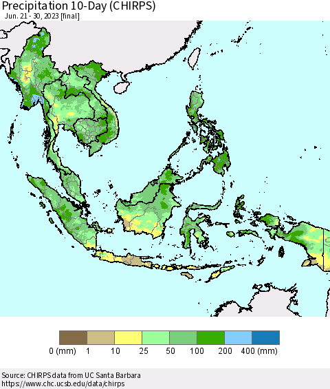 South East Asia Precipitation 10-Day (CHIRPS) Thematic Map For 6/21/2023 - 6/30/2023