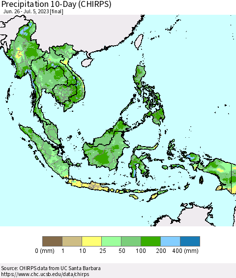 South East Asia Precipitation 10-Day (CHIRPS) Thematic Map For 6/26/2023 - 7/5/2023