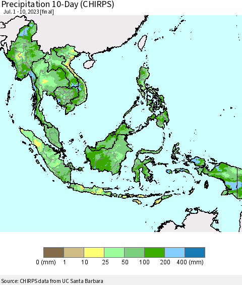 South East Asia Precipitation 10-Day (CHIRPS) Thematic Map For 7/1/2023 - 7/10/2023