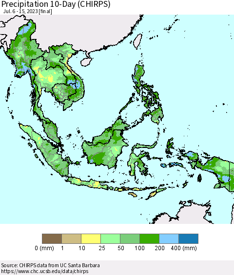 South East Asia Precipitation 10-Day (CHIRPS) Thematic Map For 7/6/2023 - 7/15/2023