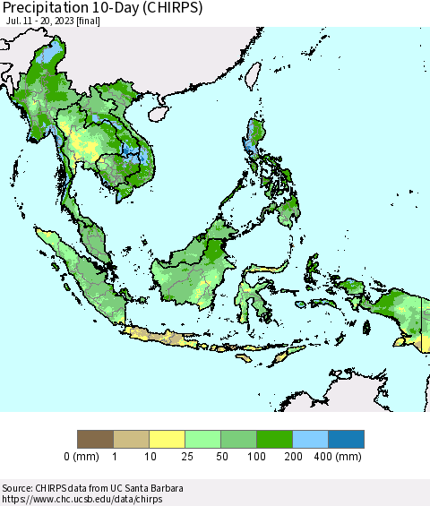 South East Asia Precipitation 10-Day (CHIRPS) Thematic Map For 7/11/2023 - 7/20/2023