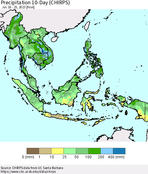 South East Asia Precipitation 10-Day (CHIRPS) Thematic Map For 7/16/2023 - 7/25/2023