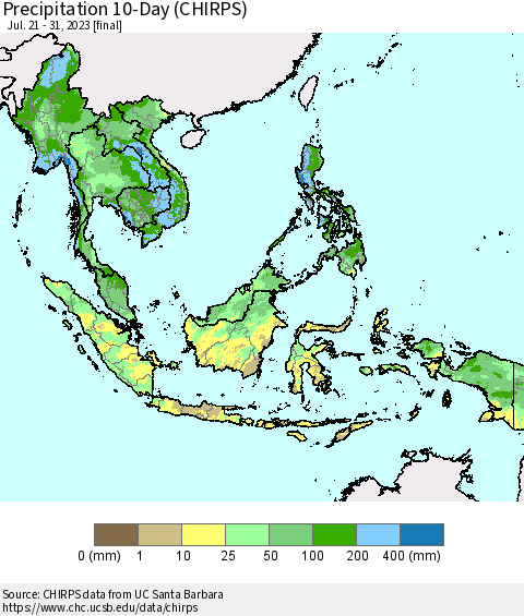 South East Asia Precipitation 10-Day (CHIRPS) Thematic Map For 7/21/2023 - 7/31/2023