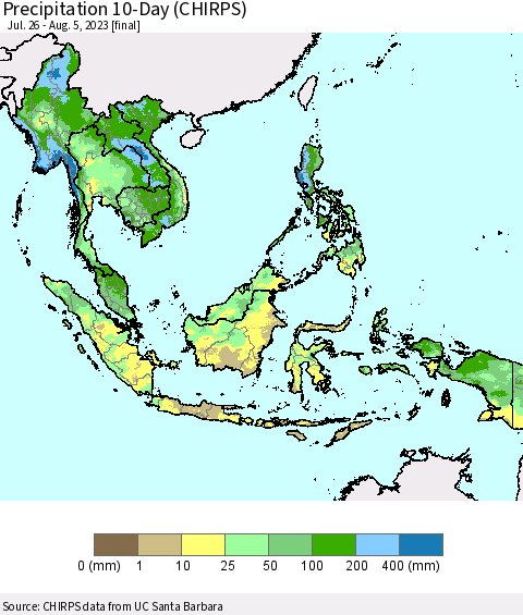 South East Asia Precipitation 10-Day (CHIRPS) Thematic Map For 7/26/2023 - 8/5/2023