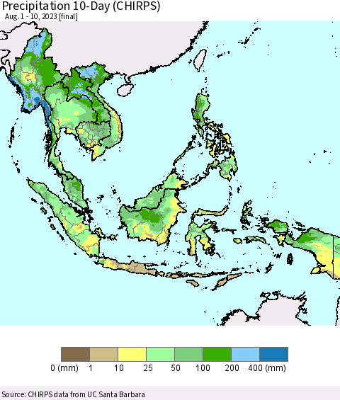 South East Asia Precipitation 10-Day (CHIRPS) Thematic Map For 8/1/2023 - 8/10/2023