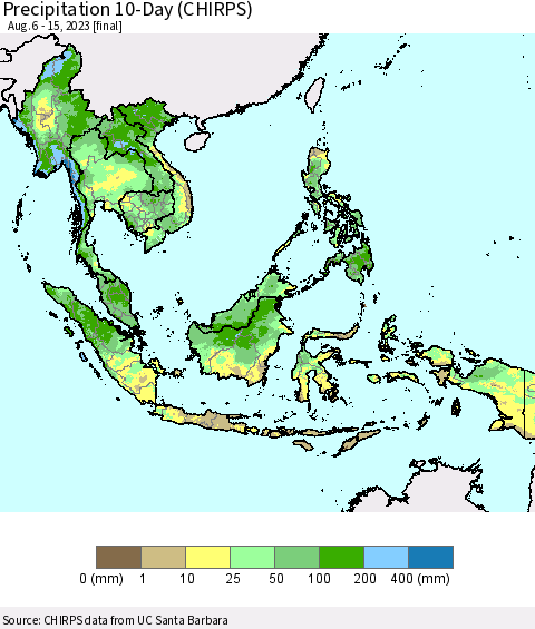 South East Asia Precipitation 10-Day (CHIRPS) Thematic Map For 8/6/2023 - 8/15/2023