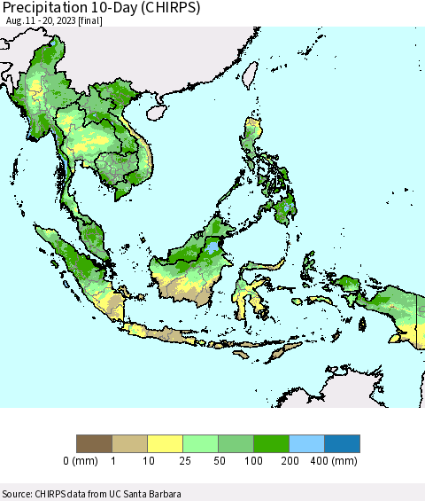 South East Asia Precipitation 10-Day (CHIRPS) Thematic Map For 8/11/2023 - 8/20/2023