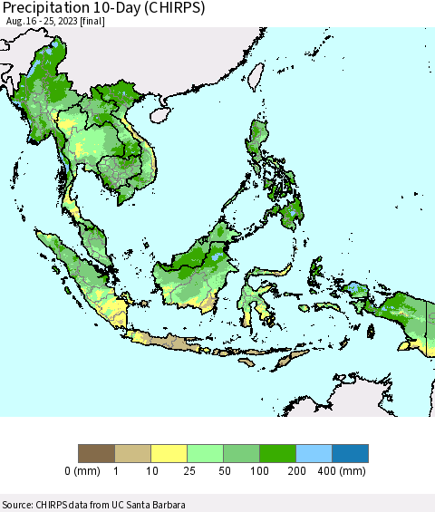 South East Asia Precipitation 10-Day (CHIRPS) Thematic Map For 8/16/2023 - 8/25/2023
