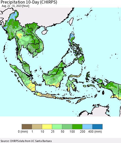 South East Asia Precipitation 10-Day (CHIRPS) Thematic Map For 8/21/2023 - 8/31/2023