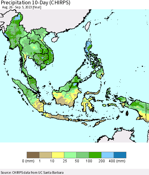 South East Asia Precipitation 10-Day (CHIRPS) Thematic Map For 8/26/2023 - 9/5/2023
