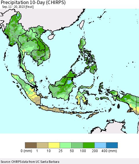 South East Asia Precipitation 10-Day (CHIRPS) Thematic Map For 9/11/2023 - 9/20/2023