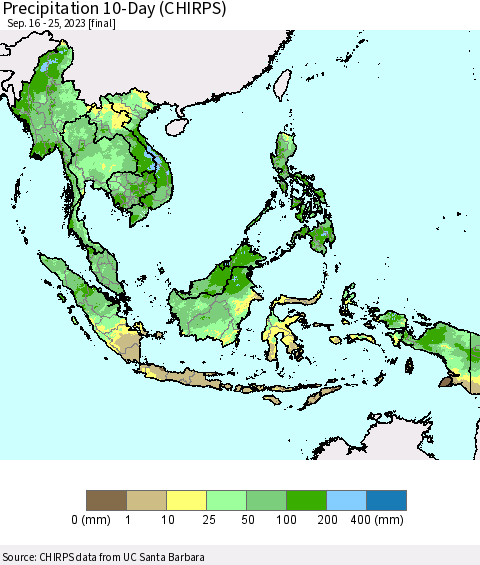 South East Asia Precipitation 10-Day (CHIRPS) Thematic Map For 9/16/2023 - 9/25/2023