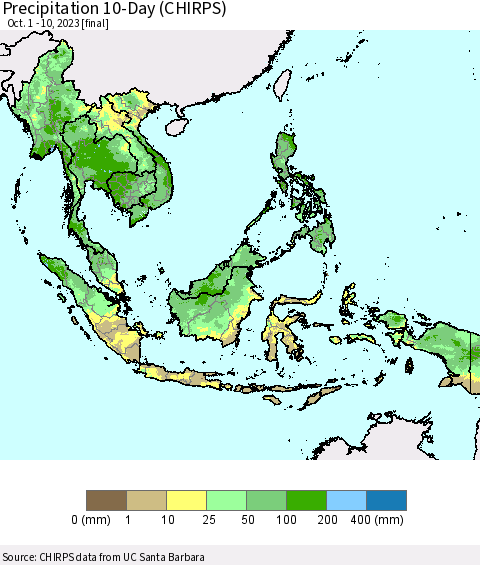 South East Asia Precipitation 10-Day (CHIRPS) Thematic Map For 10/1/2023 - 10/10/2023