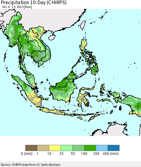 South East Asia Precipitation 10-Day (CHIRPS) Thematic Map For 10/6/2023 - 10/15/2023