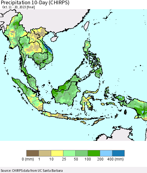 South East Asia Precipitation 10-Day (CHIRPS) Thematic Map For 10/11/2023 - 10/20/2023