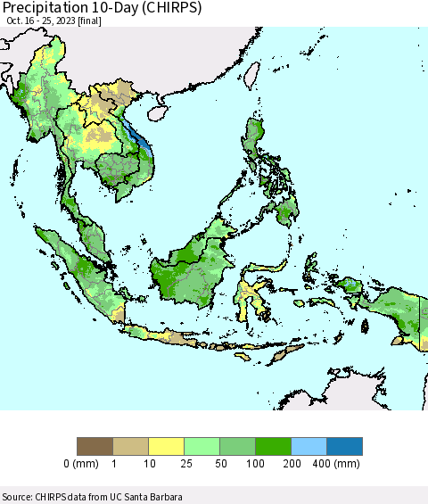South East Asia Precipitation 10-Day (CHIRPS) Thematic Map For 10/16/2023 - 10/25/2023